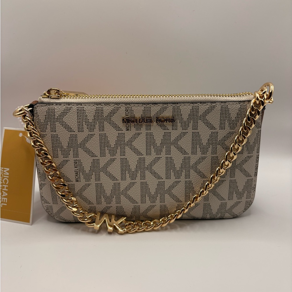 Michael Kors Beige Monogram Wristlet with Gold Chain